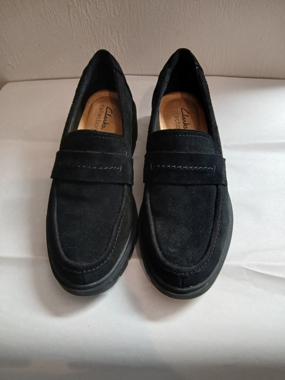 Clarks Woman's Black Suede Slip-On Penny Loafers